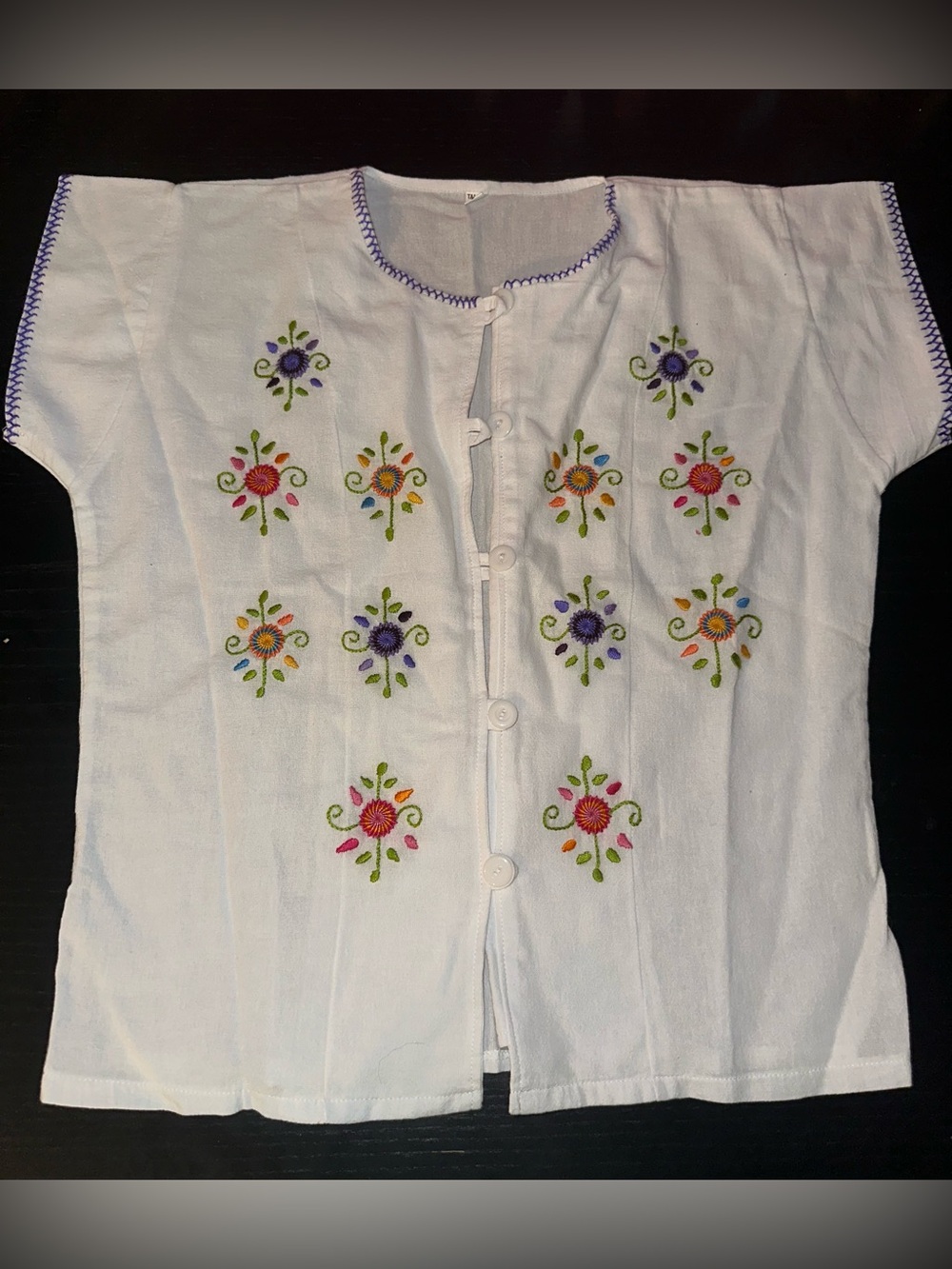 White Embroidered Button-Front Top with Multicolor Floral Motifs